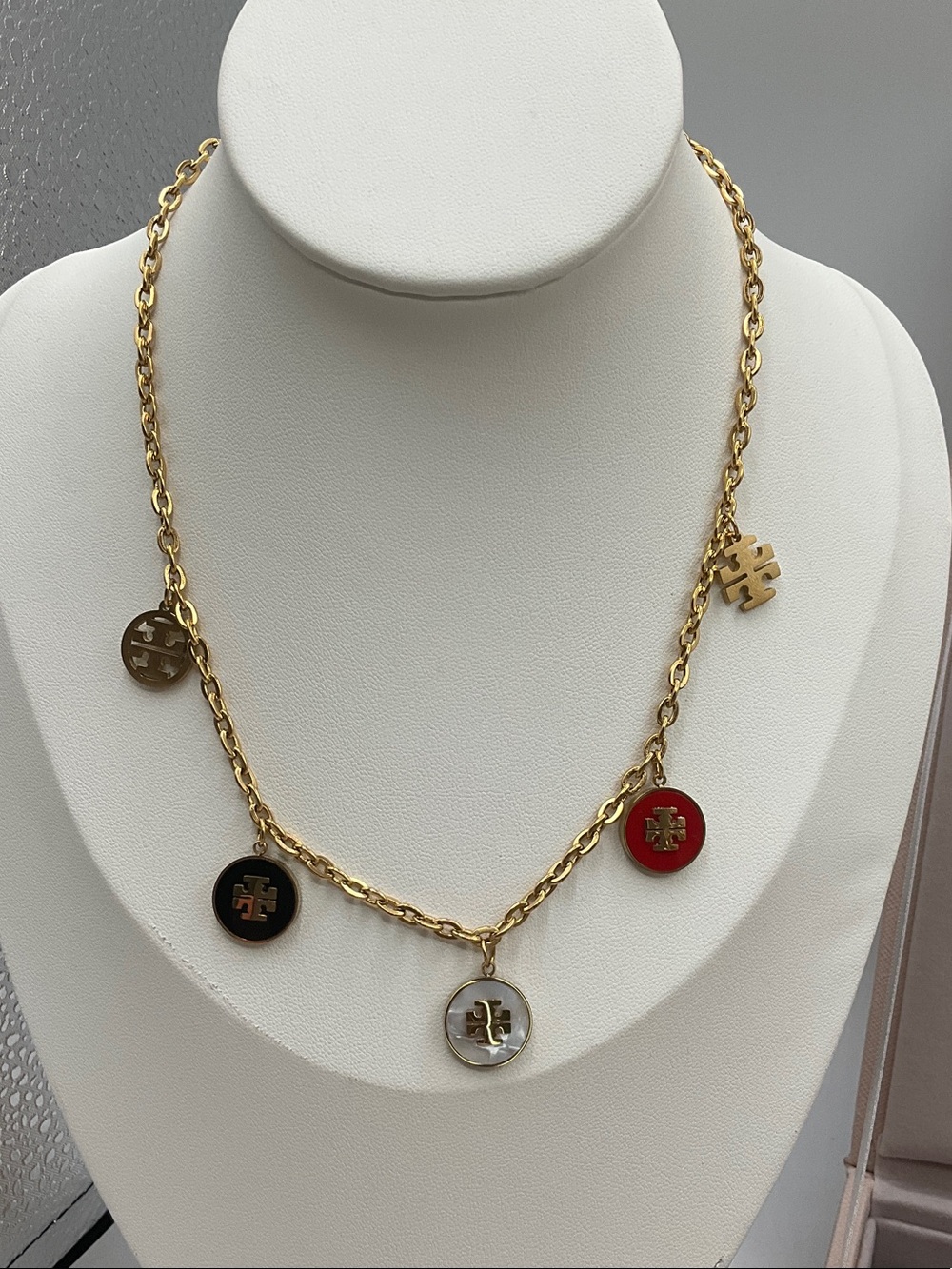 Tory Burch Gold-Tone Chain Necklace with Red, Black and White Enamel Logo Discs